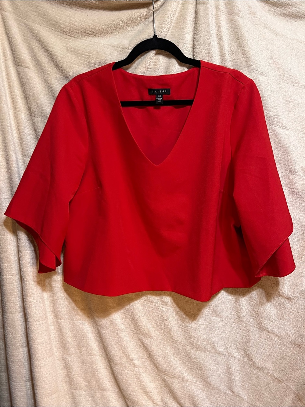 Tribal Caitlin Red V-Neck Bell Sleeve Cropped Blouse XL Petite